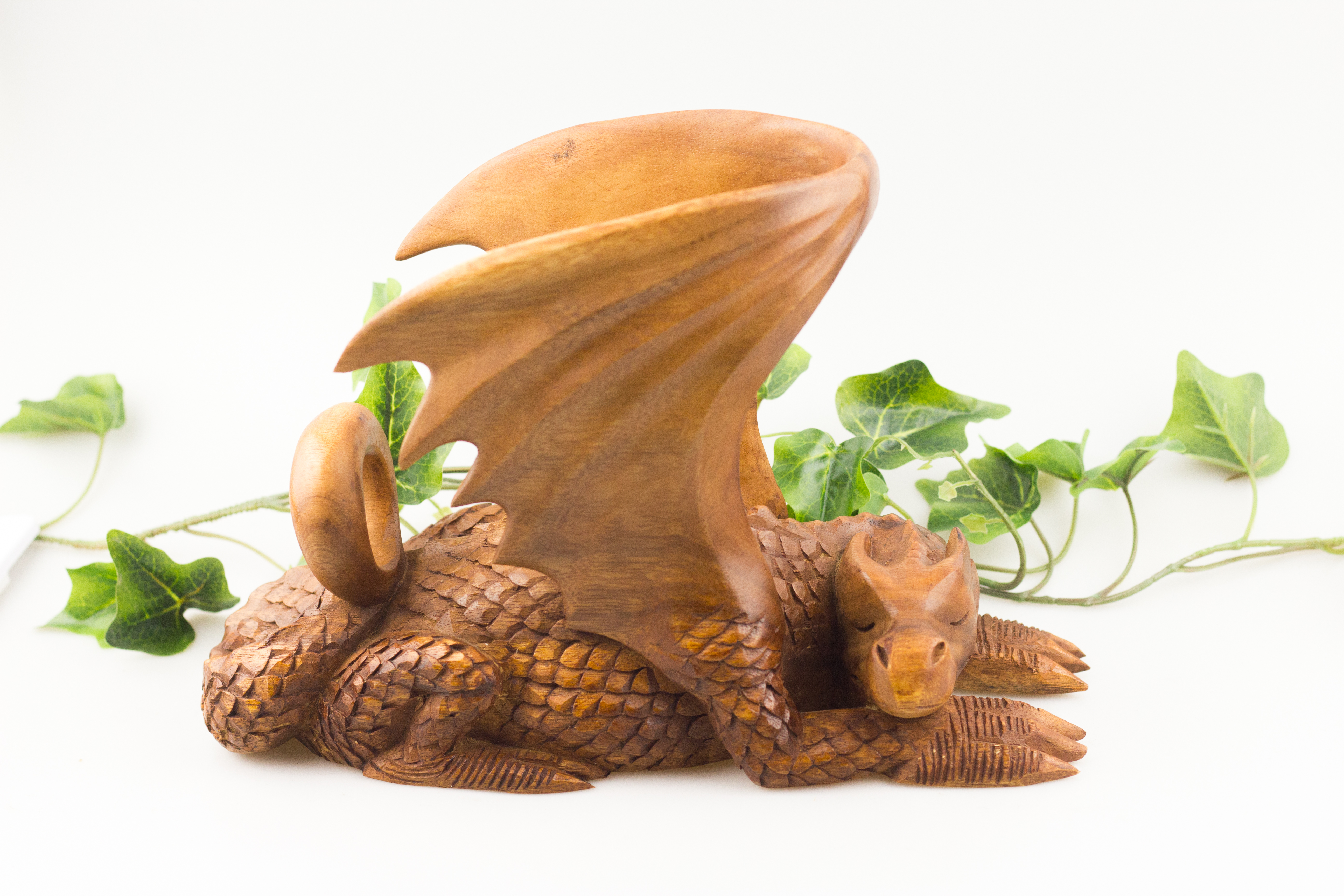 Großer Trinkhornständer - SLEEPY DRAGON - 30 cm - Drachen Trinkhornhalter - Handarbeit aus Holz