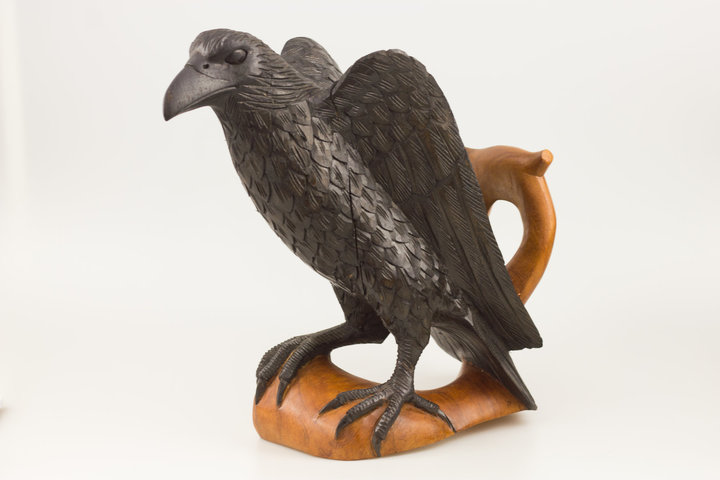 Großer Vikings Trinkhornständer - HUGIN - 29 cm - Schwarzer Rabe - Handarbeit aus Holz