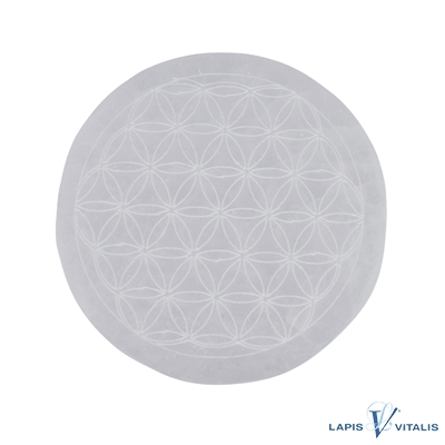 Scheibe Selenit weiß mit Gravur "Blume des Lebens" 10 cm