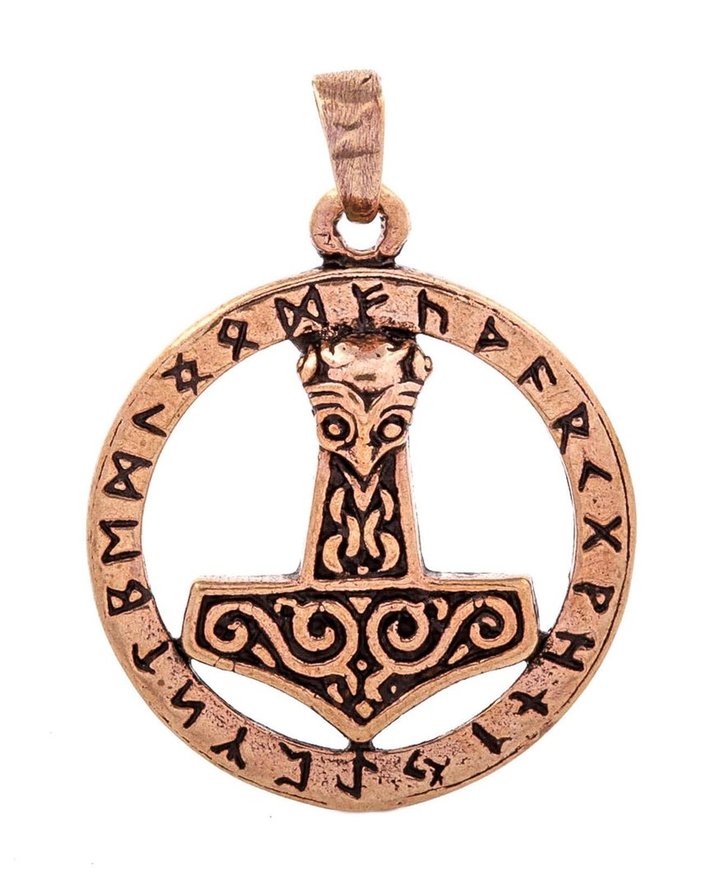 Viking Schmuck Anhänger - MJÖLNAR - ø2.5 cm - Thorshammer mit Runen - Bronze