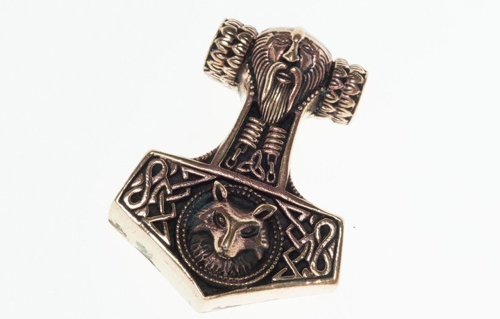 Großer Schmuck Anhänger - THORON - 4.3 cm - Thorshammer mit Odins Kopf - Vintage Bronze